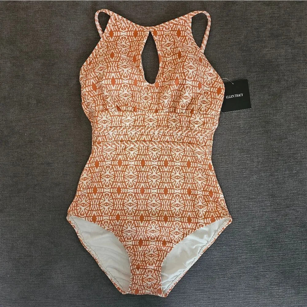 Ellen Tracy Orange Print key hole High Neck Over-The-Shoulder One Piece Swimsuit